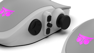 Close-up render of MouseConsole controller with a mouse attachment, showcasing its ergonomic design and precision control. The image highlights the product's textured grip and customizable buttons, as well as its sleek black and silver color scheme