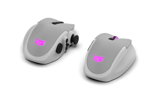 An angled image of MouseConsole's keypad and mouse combo, featuring the keypad and mouse placed next to each other on a surface. The keypad has a multicolor backlight and the mouse is in grey color, showcasing their sleek and stylish design