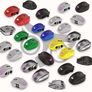 Image of MouseConsole controller and mouse combo in various color options including black, white, red and blue. The product is shown in different angles to showcase its design and color options.